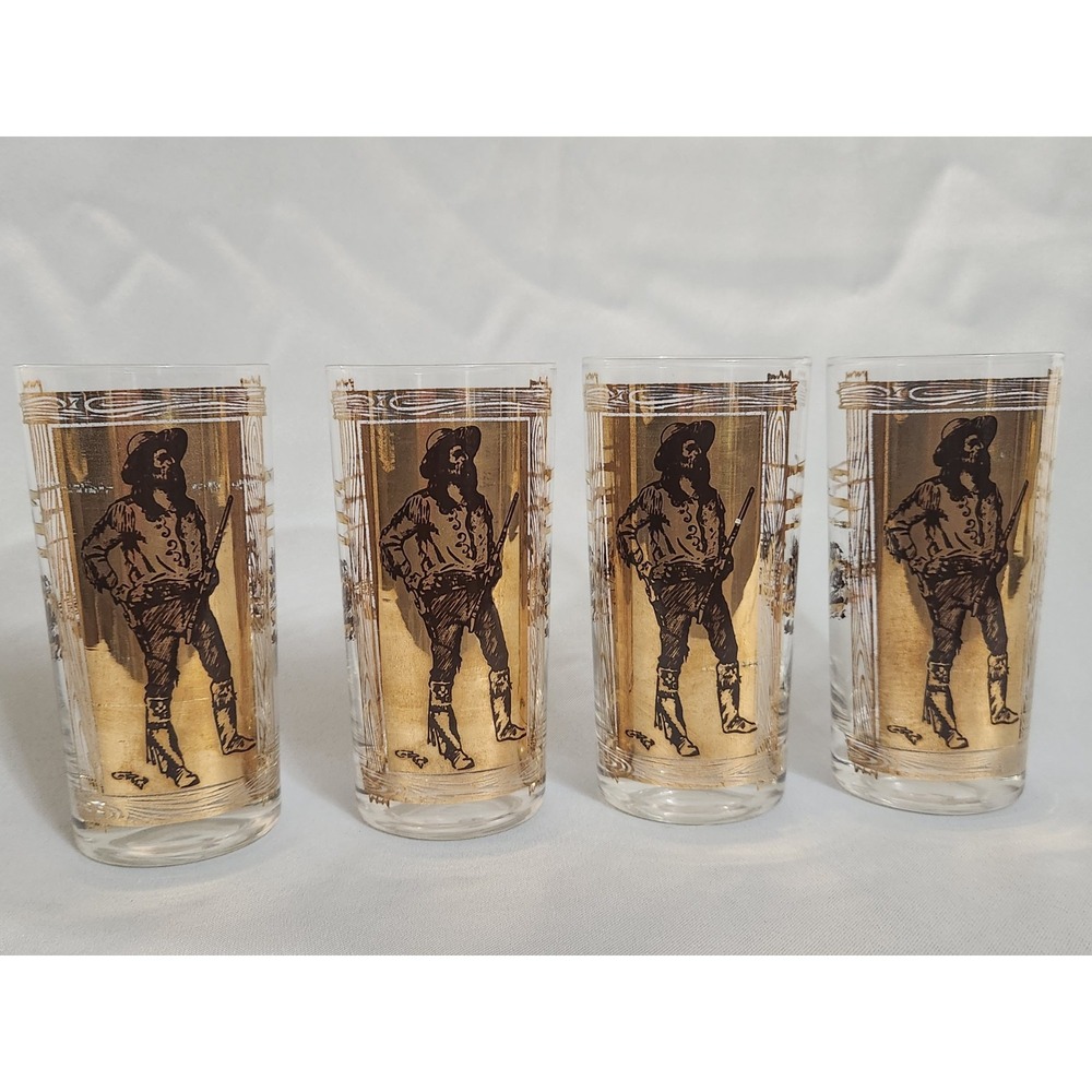 Rare MCM Charles Russell Cowboy Western 24K Gold  Highball Glass EUC Set Of 4 - Picture 7 of 8